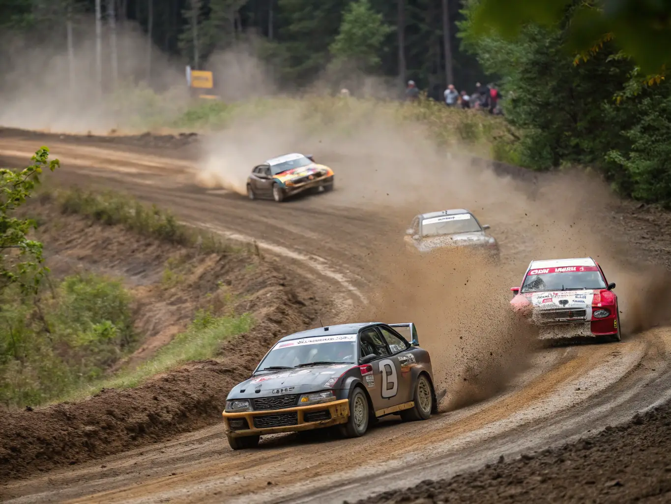 A high-speed shot of race cars competing on a track during a competitive event organized by ECURIE AUTOMOBILE PAYS D'AUGE, highlighting the adrenaline and skill involved.