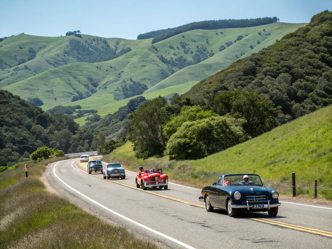 A group of vintage cars participating in a leisurely rally through the scenic countryside of Pays d'Auge, showcasing the joy and camaraderie of classic car ownership.
