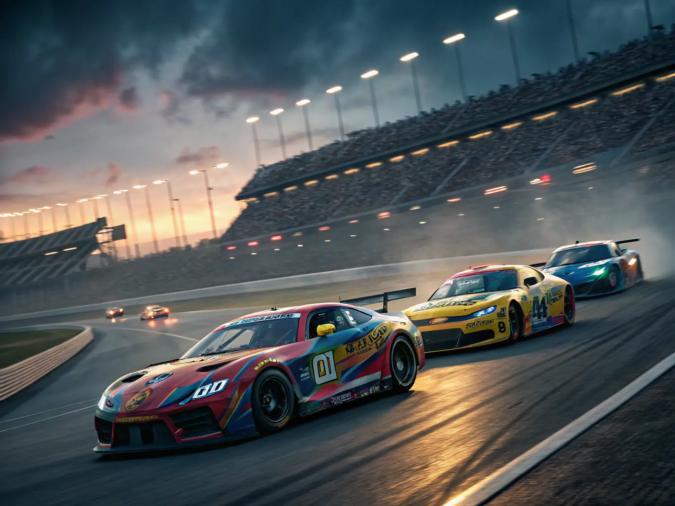 A dynamic shot of cars competing on a race track, capturing the excitement and intensity of a competitive racing event.