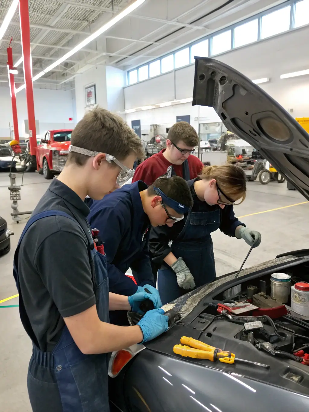 A workshop scene with participants learning about car maintenance and repair, emphasizing the skill development programs offered by ECURIE AUTOMOBILE PAYS D'AUGE.