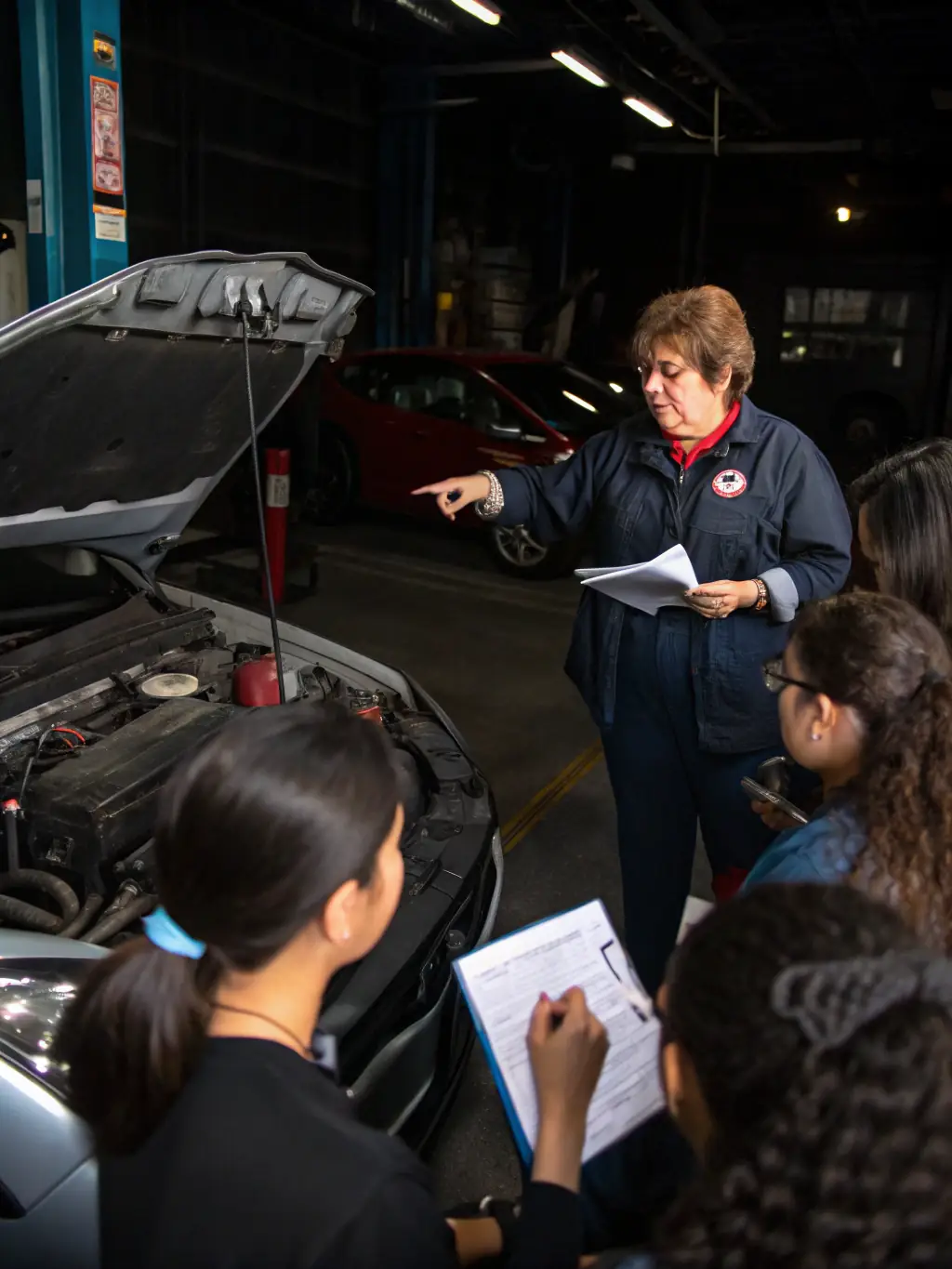 An image of a group of young participants learning basic car maintenance skills during a workshop organized by ECURIE AUTOMOBILE PAYS D'AUGE, emphasizing the educational aspect of the club's activities.