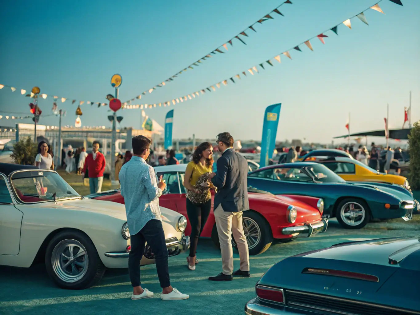 A group of vintage car enthusiasts participating in a scenic countryside tour organized by ECURIE AUTOMOBILE PAYS D'AUGE, showcasing the leisure aspect of the organization's activities.