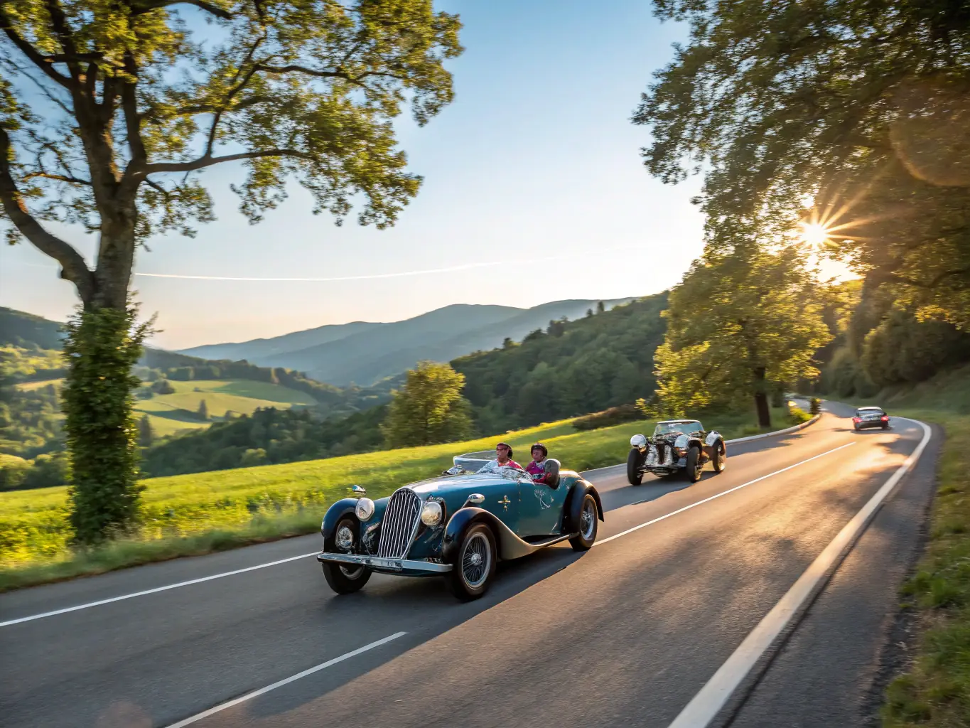 A group of vintage cars participating in a leisure drive through the countryside, showcasing the joy and camaraderie of the event.