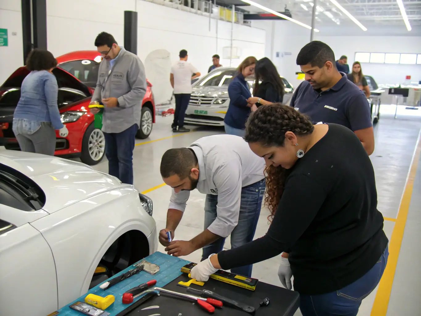 A workshop scene with participants learning about car maintenance and repair, highlighting the educational and skill-building aspects of the organization's programs.