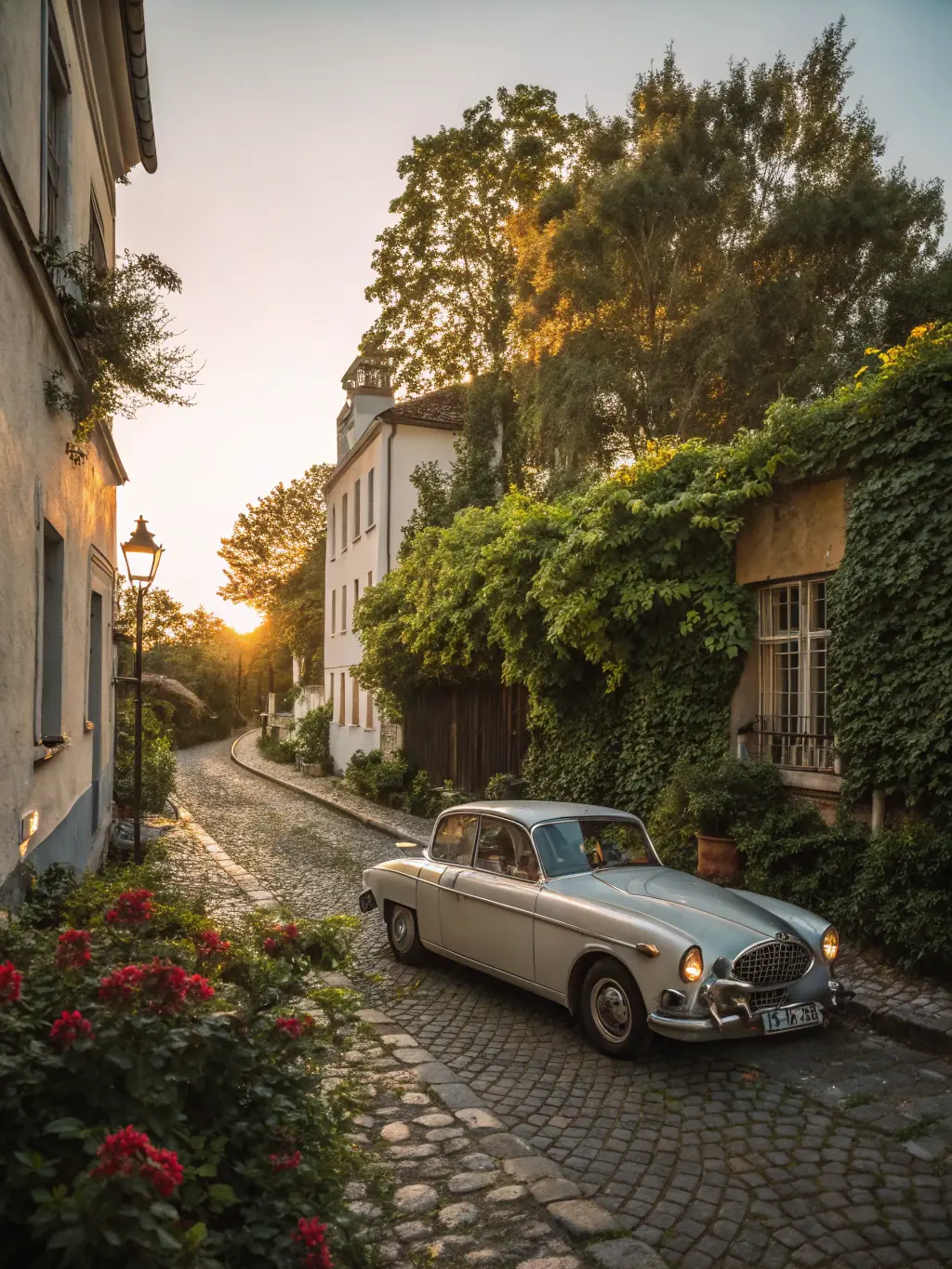 A vibrant image of a classic car rally organized by ECURIE AUTOMOBILE PAYS D'AUGE, showcasing vintage cars driving through the scenic Pays d'Auge countryside, emphasizing the leisure aspect of the club's activities.