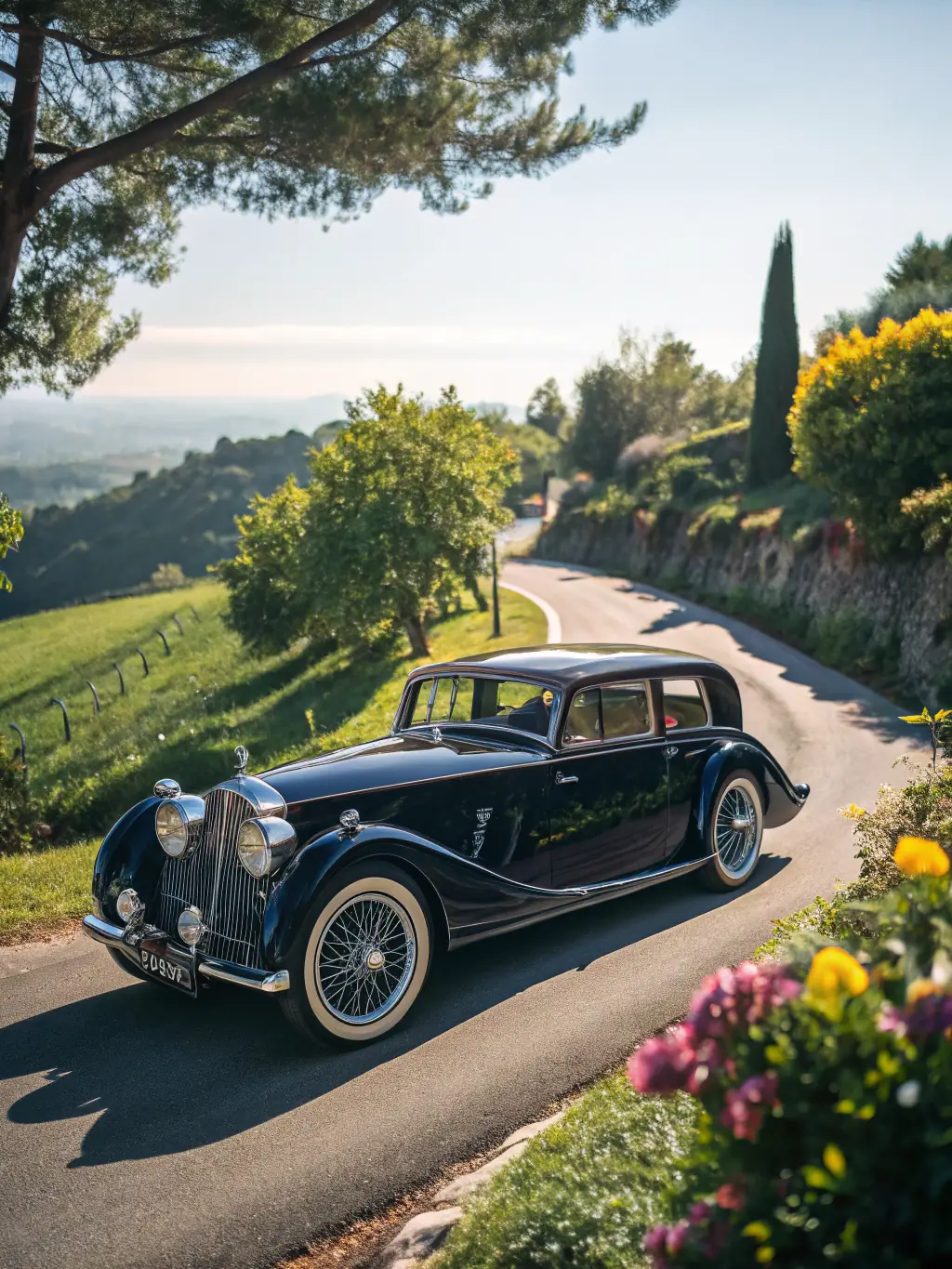 A group of classic cars parked at a scenic viewpoint during a leisure drive organized by ECURIE AUTOMOBILE PAYS D'AUGE, highlighting the social and recreational aspects of the club.
